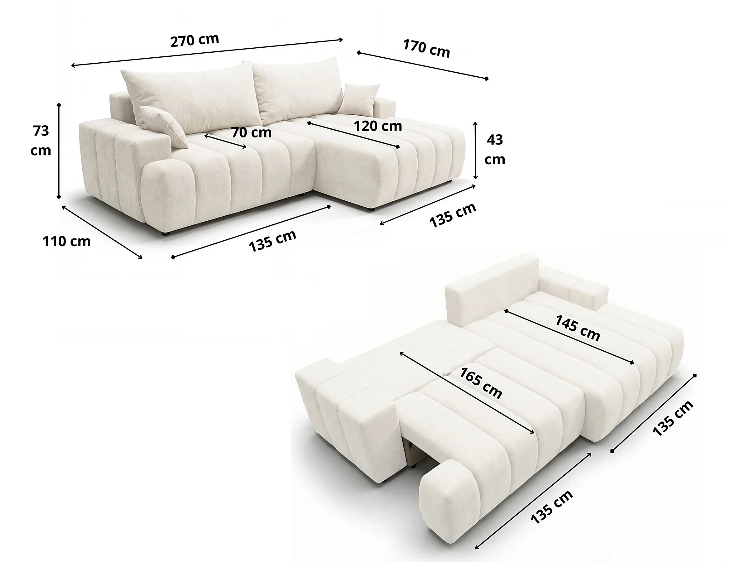 Canapé d'angle Hago 270 cm avec coffre de rangement, canapé convertible moderne, gauche, beige