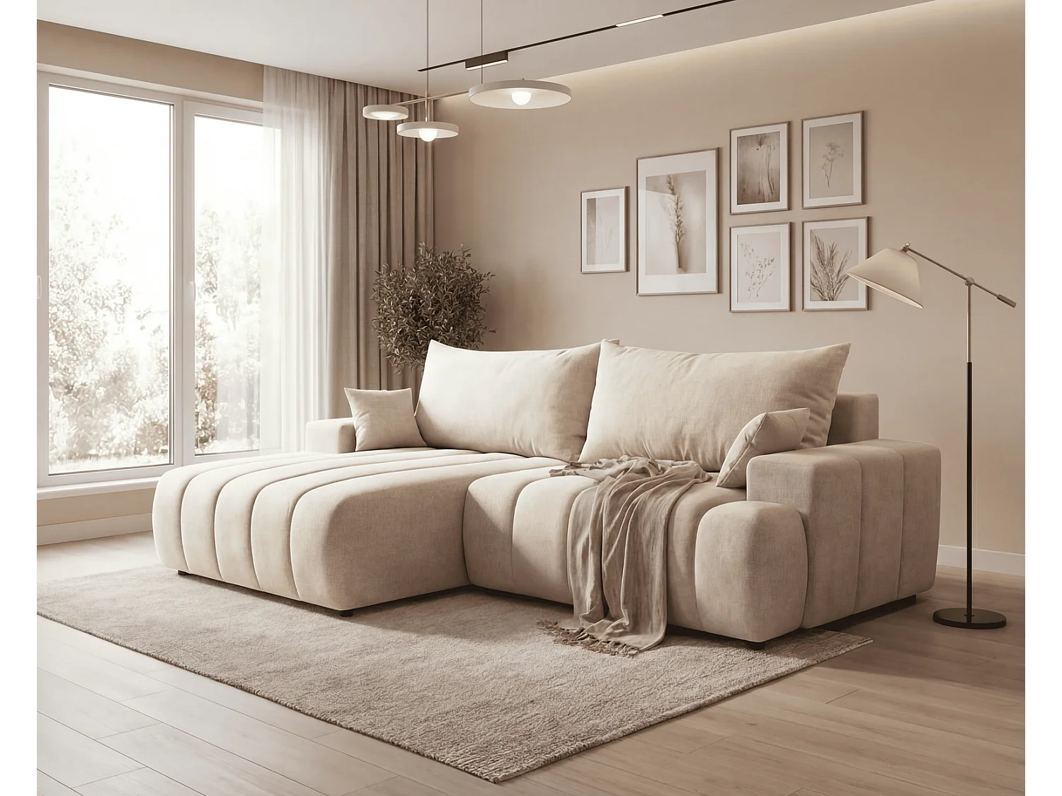 Canapé d'angle Hago 270 cm avec coffre de rangement, canapé convertible moderne, gauche, beige