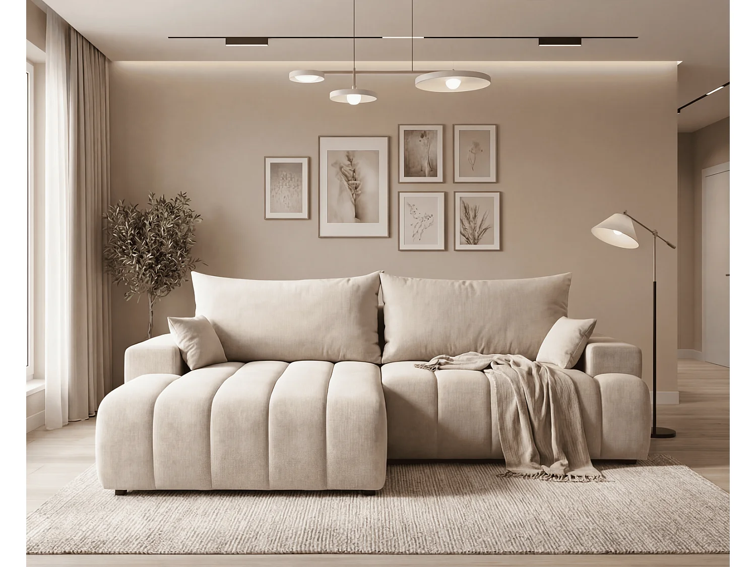 Canapé d'angle Hago 270 cm avec coffre de rangement, canapé convertible moderne, gauche, beige
