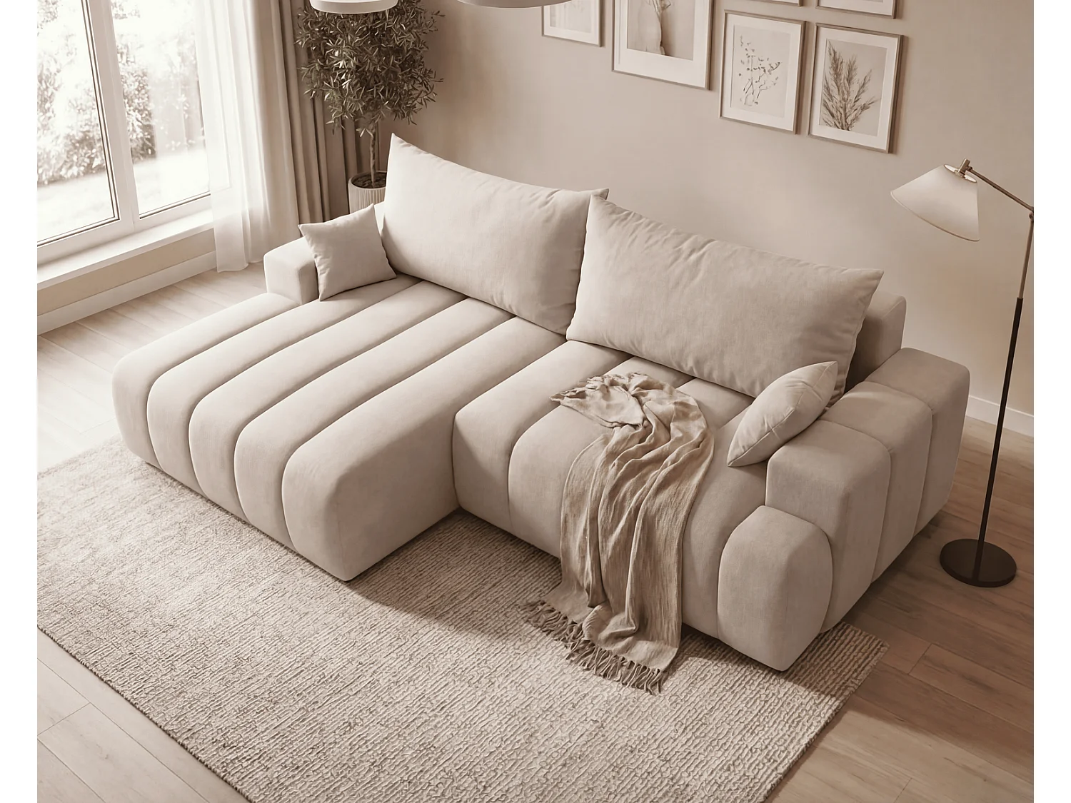 Canapé d'angle Hago 270 cm avec coffre de rangement, canapé convertible moderne, gauche, beige
