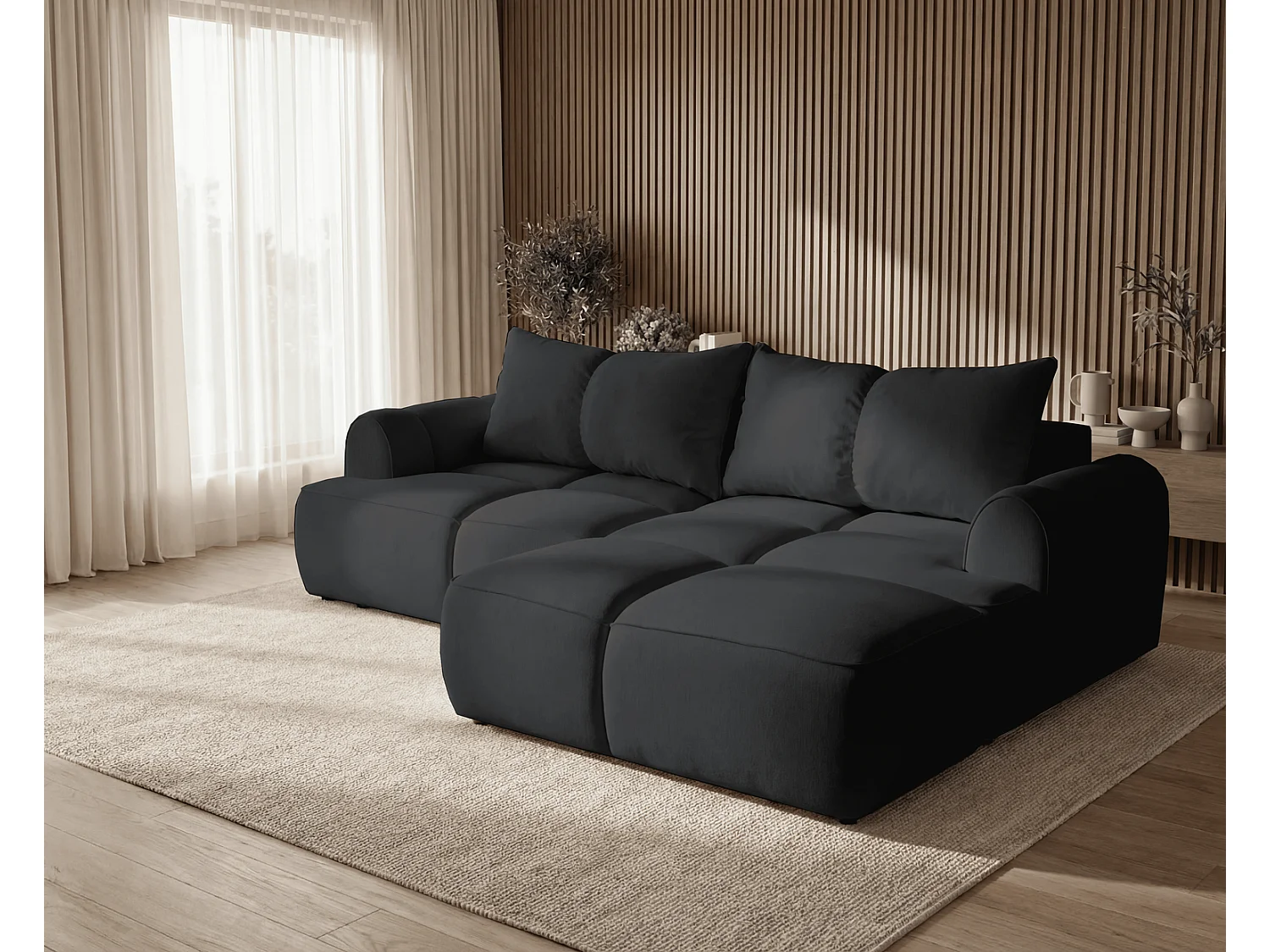 Canapé d'angle Avani 280 cm, canapé convertible avec rangement, design moderne, droite, noir