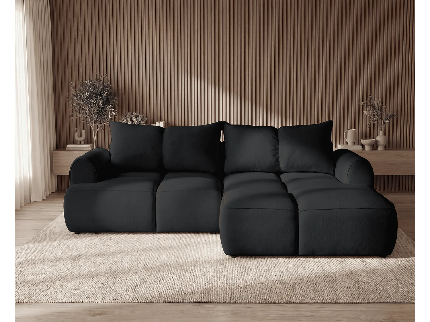 Canapé d'angle Avani 280 cm, canapé convertible avec rangement, design moderne, droite, noir