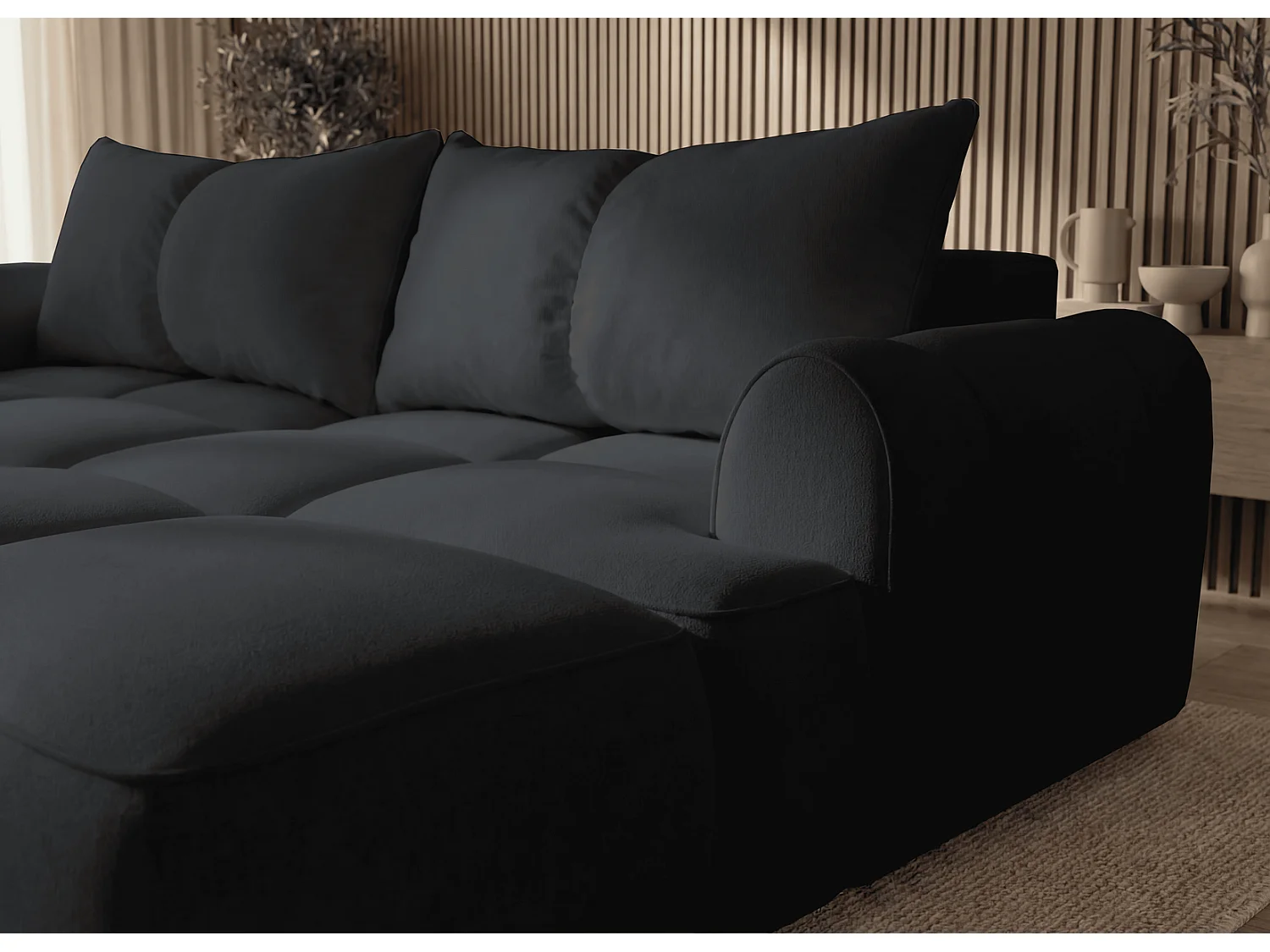 Canapé d'angle Avani 280 cm, canapé convertible avec rangement, design moderne, droite, noir