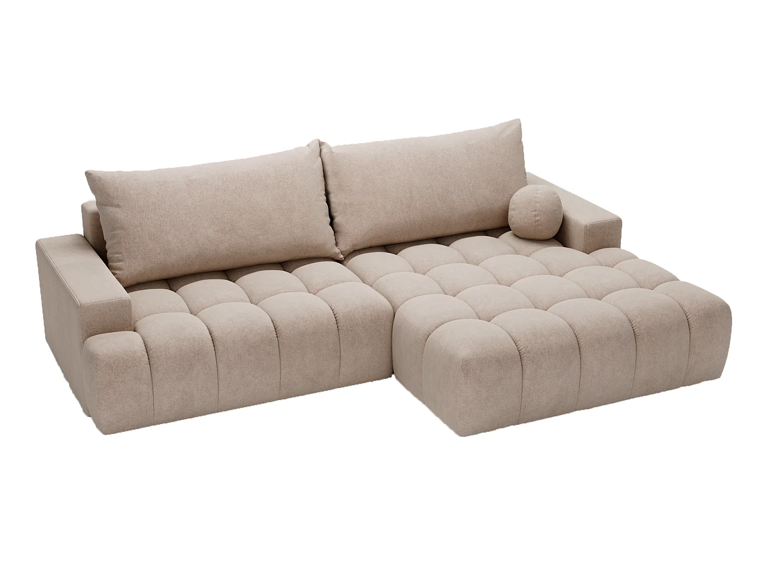 Canapé d'angle convertible Novira 270 cm pour salon, style moderne, coffre de rangement, coussins, droite, beige