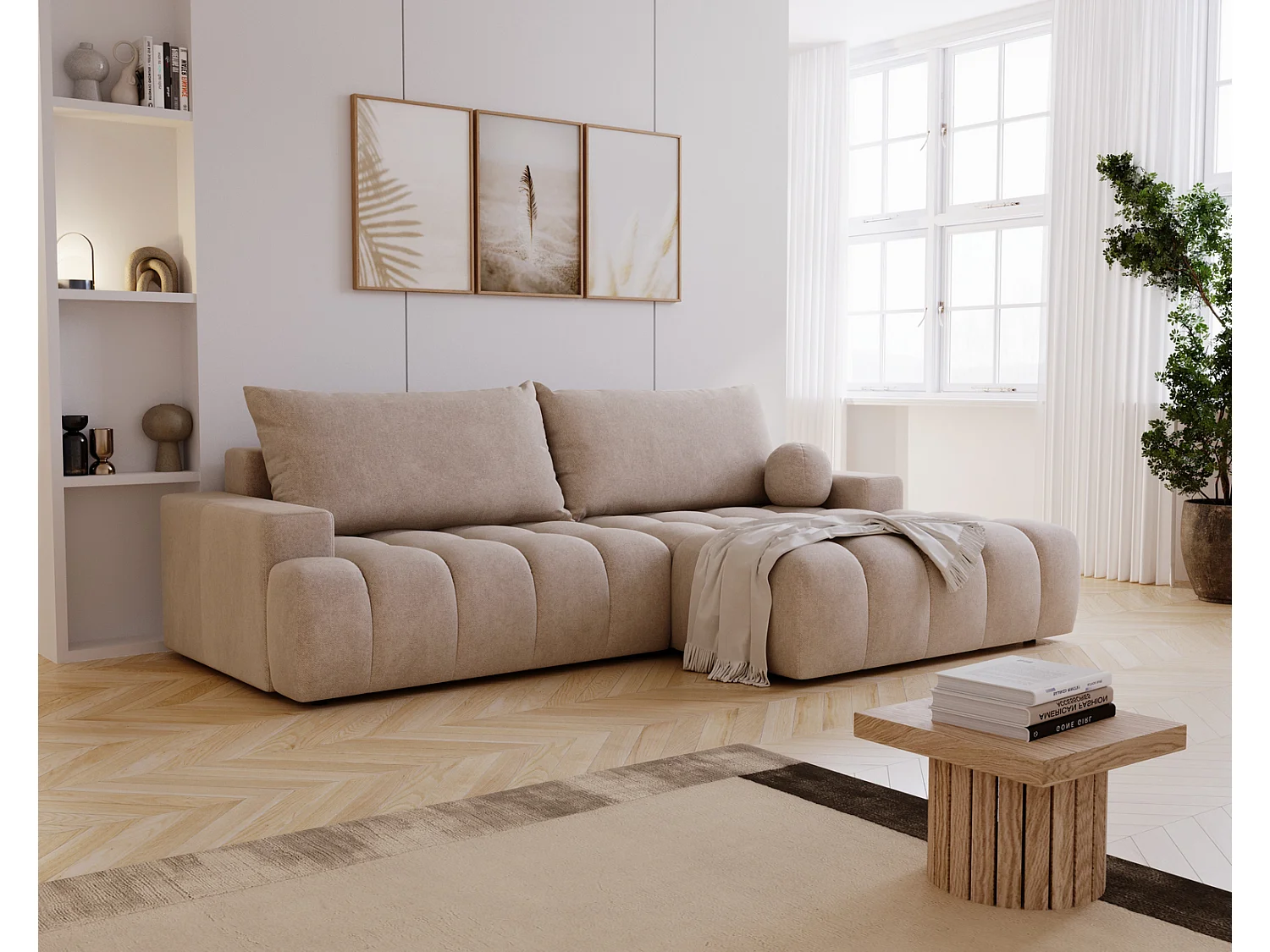 Canapé d'angle convertible Novira 270 cm pour salon, style moderne, coffre de rangement, coussins, droite, beige