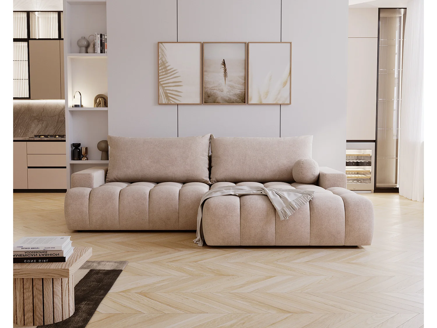 Canapé d'angle convertible Novira 270 cm pour salon, style moderne, coffre de rangement, coussins, droite, beige