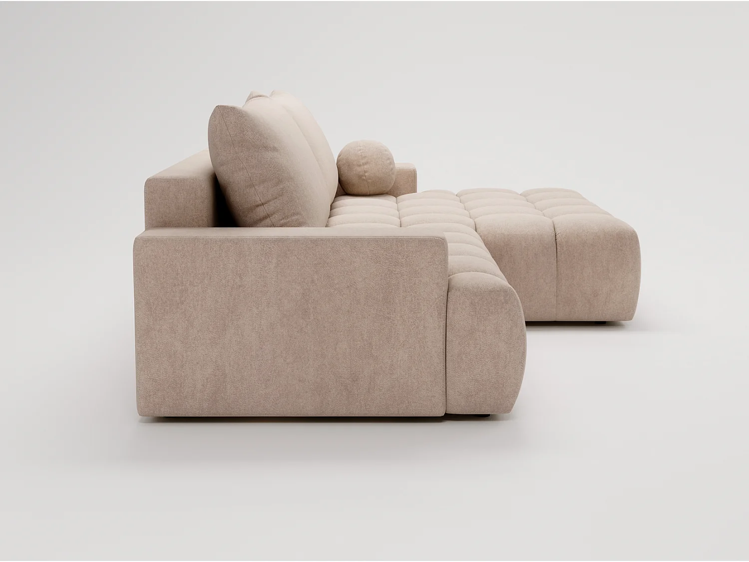 Canapé d'angle convertible Novira 270 cm pour salon, style moderne, coffre de rangement, coussins, droite, beige