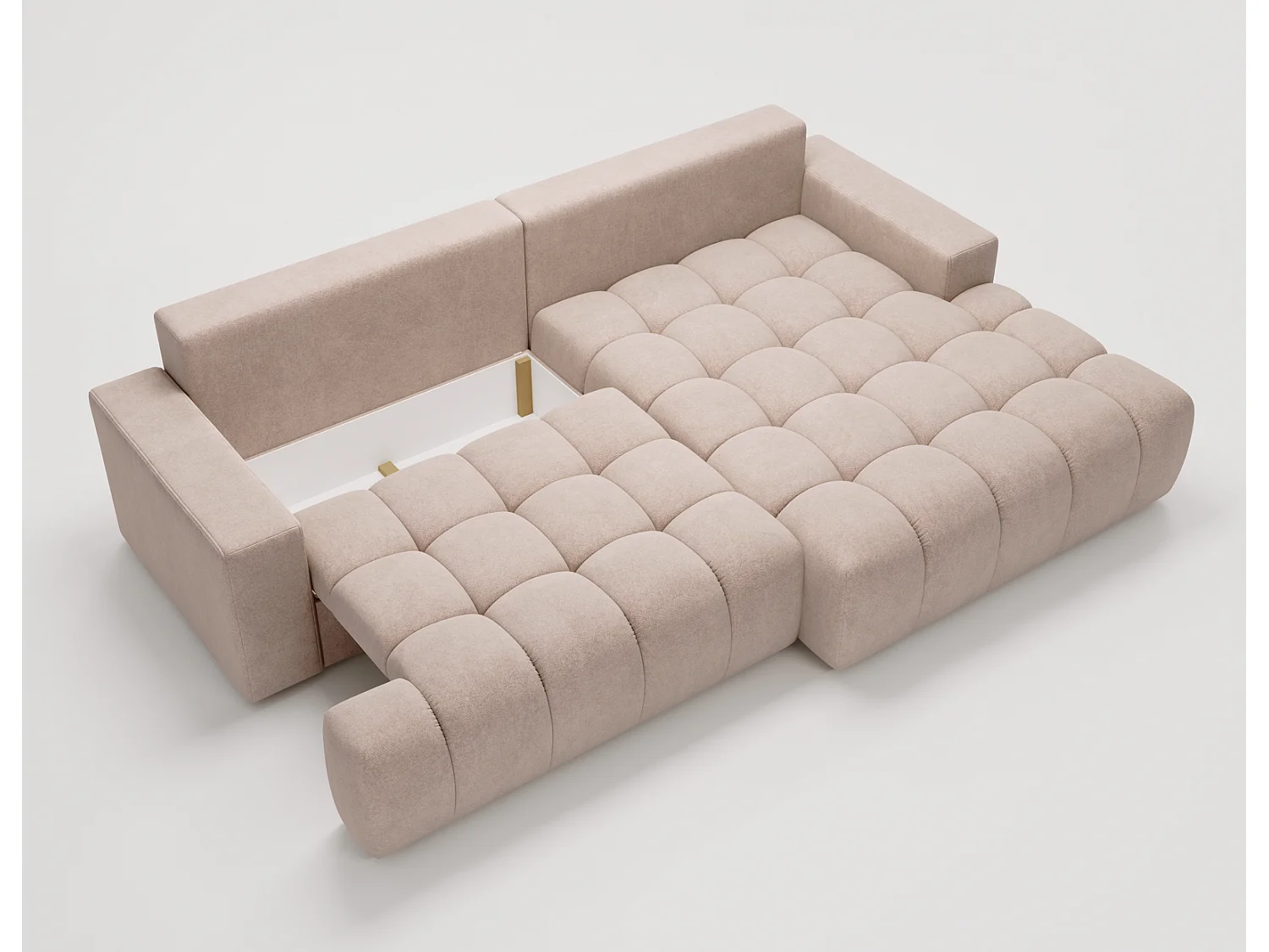 Canapé d'angle convertible Novira 270 cm pour salon, style moderne, coffre de rangement, coussins, droite, beige