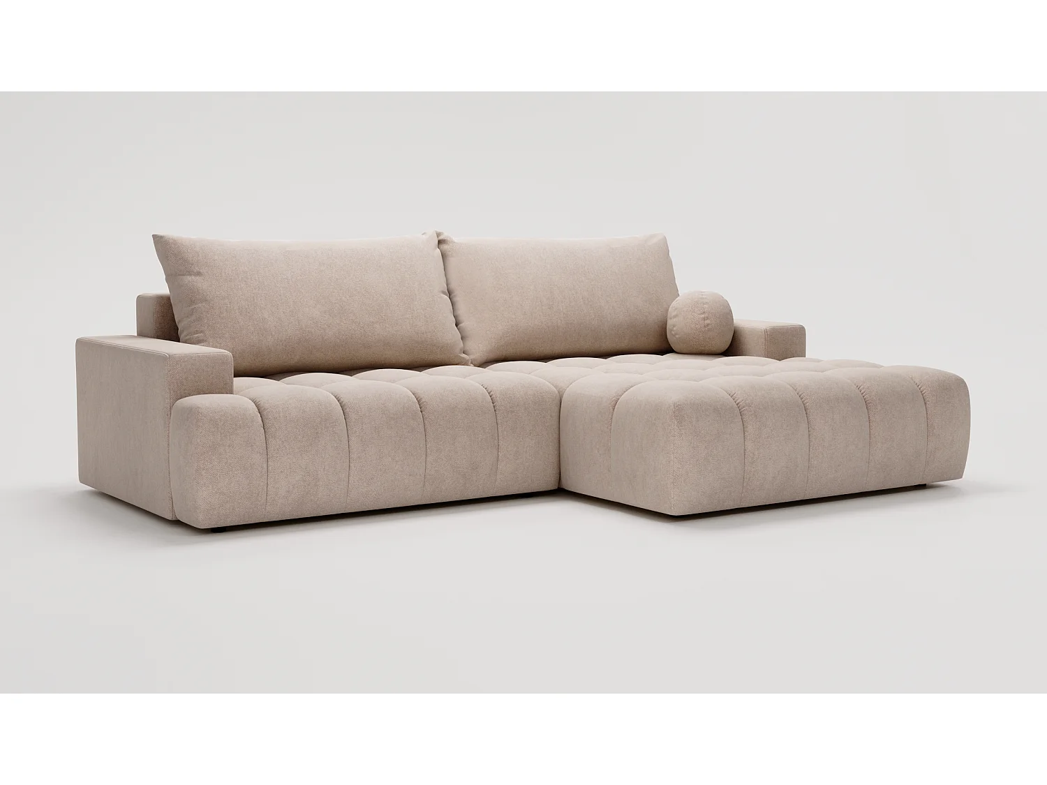 Canapé d'angle convertible Novira 270 cm pour salon, style moderne, coffre de rangement, coussins, droite, beige