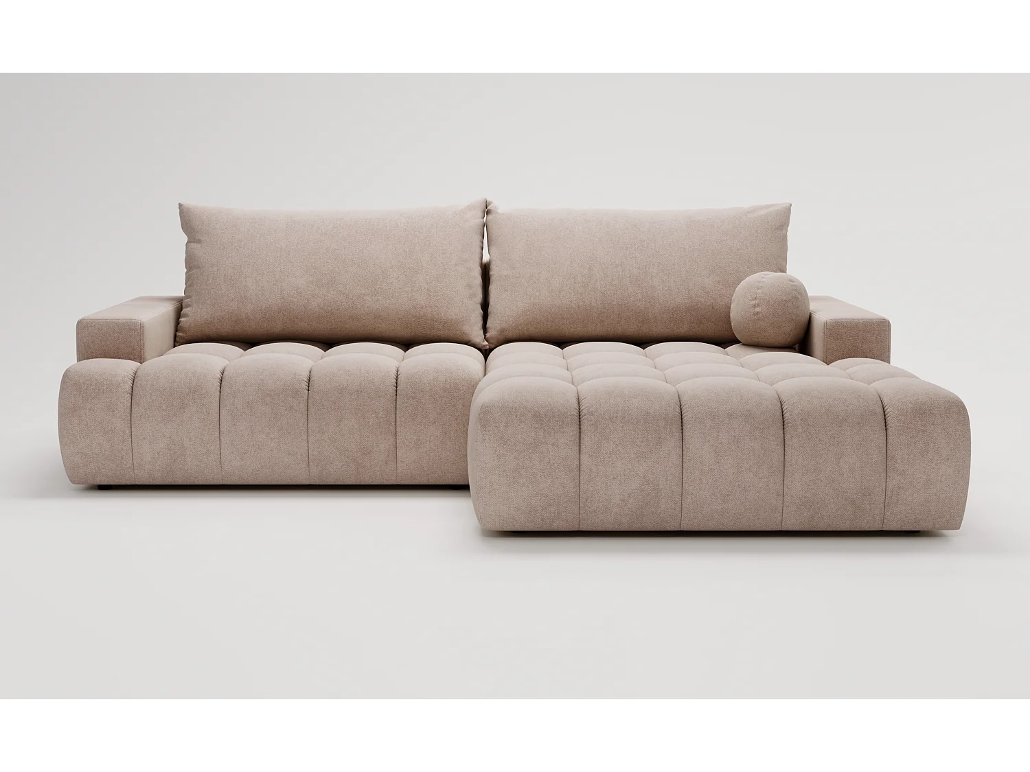 Canapé d'angle convertible Novira 270 cm pour salon, style moderne, coffre de rangement, coussins, droite, beige