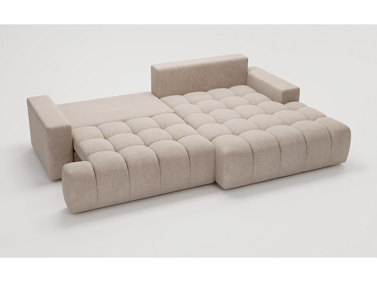Canapé d'angle convertible Novira 270 cm pour salon, style moderne, coffre de rangement, coussins, droite, beige