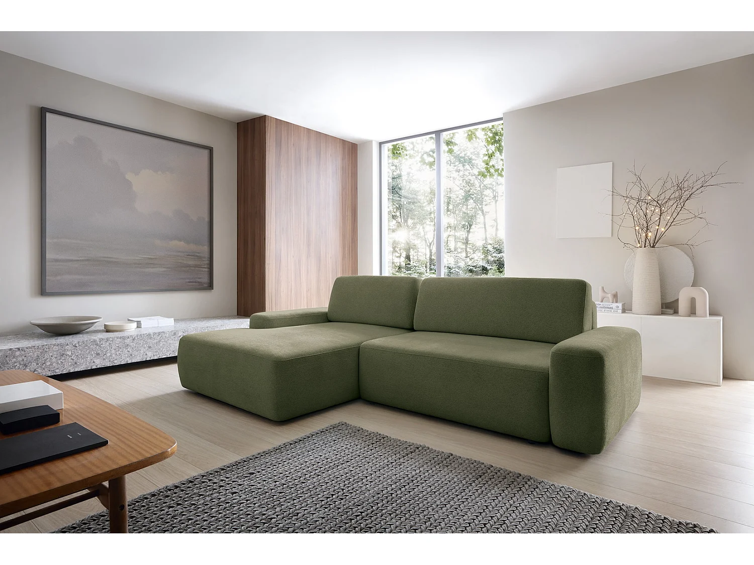 Canapé d'angle Orea M 265 cm convertible - formes arrondies, design moderne, canapé d'angle avec rangement, gauche, vert