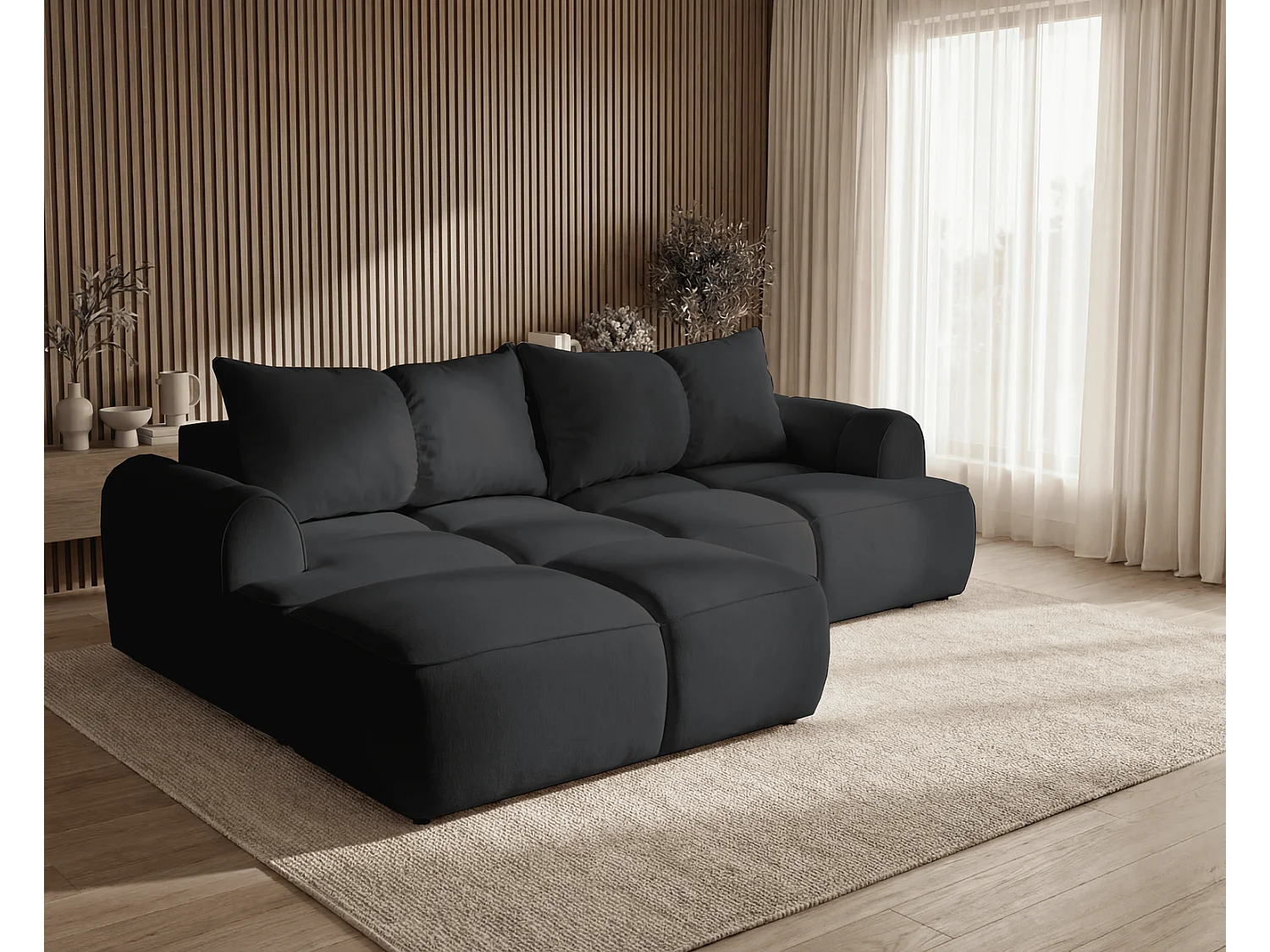 Canapé d'angle Avani 280 cm, canapé convertible avec rangement, design moderne, gauche, noir