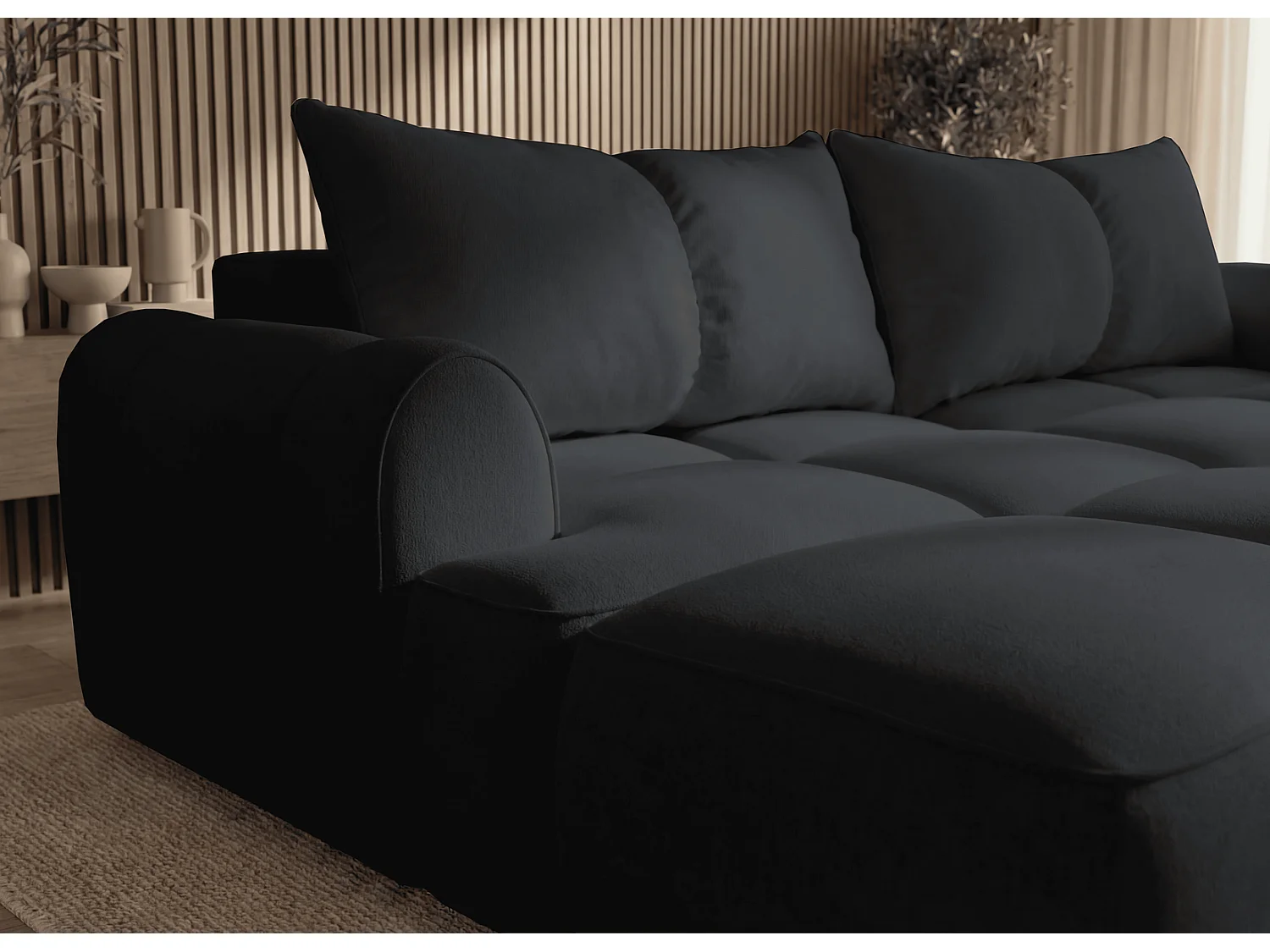 Canapé d'angle Avani 280 cm, canapé convertible avec rangement, design moderne, gauche, noir