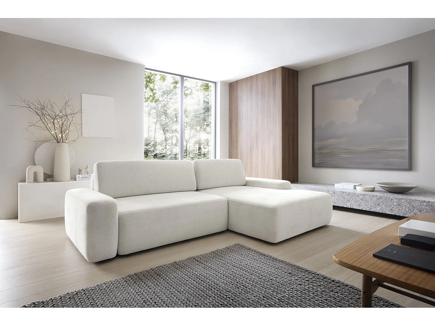 Canapé d'angle Orea M 265 cm convertible - formes arrondies, design moderne, canapé d'angle avec rangement, droite, beige