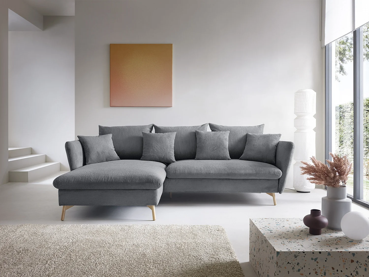 Canapé d'angle convertible Savona 260 cm, velours côtelé, gauche - canapé d'angle avec coffre de rangement, gris