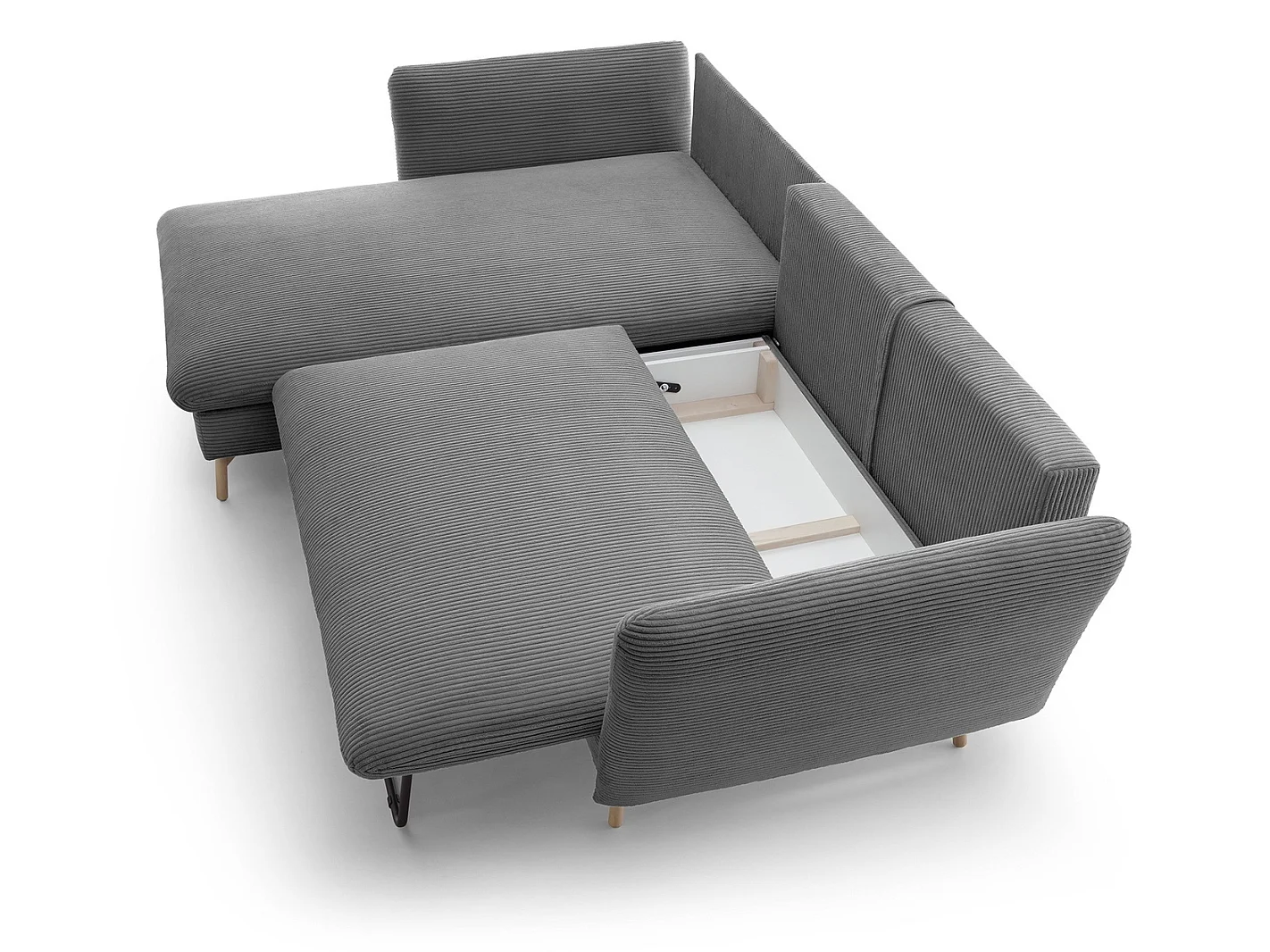 Canapé d'angle convertible Savona 260 cm, velours côtelé, gauche - canapé d'angle avec coffre de rangement, gris