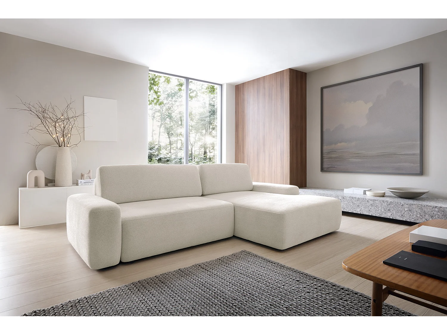 Canapé d'angle Orea M 265 cm convertible - formes arrondies, design moderne, canapé d'angle avec rangement, droite, beige