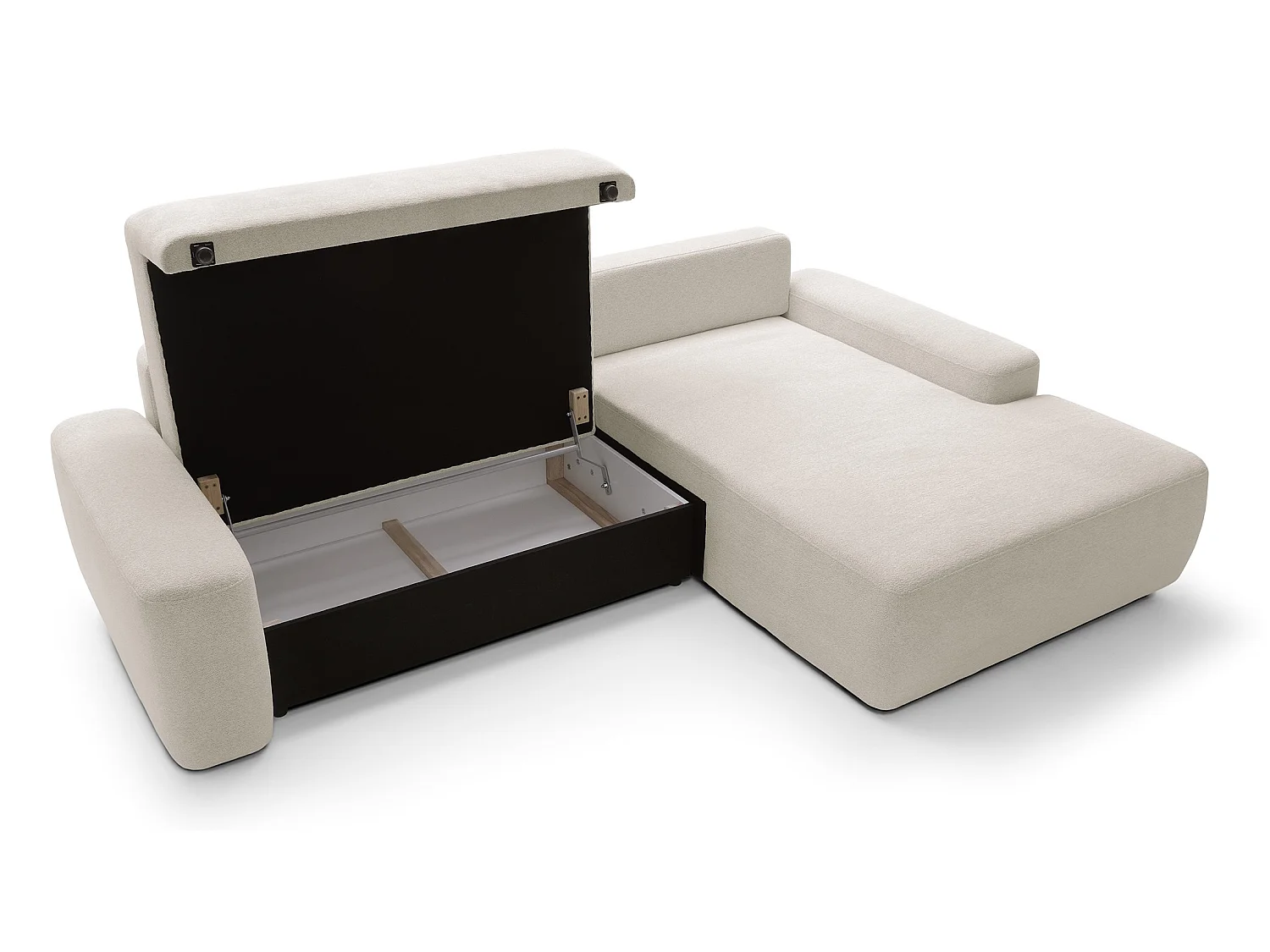 Canapé d'angle Orea M 265 cm convertible - formes arrondies, design moderne, canapé d'angle avec rangement, droite, beige