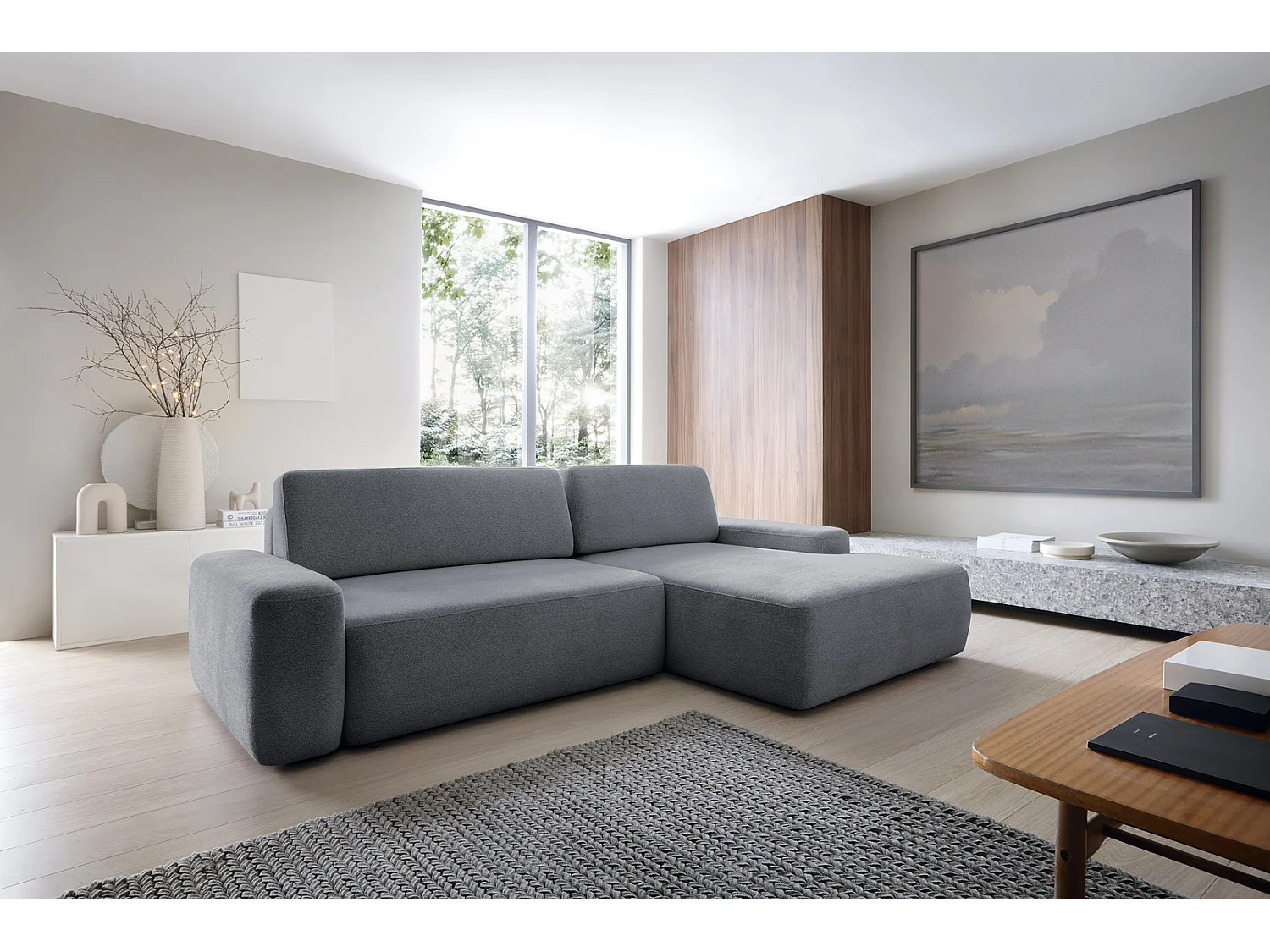 Canapé d'angle Orea M 265 cm convertible - formes arrondies, design moderne, canapé d'angle avec rangement, droite, gris foncé
