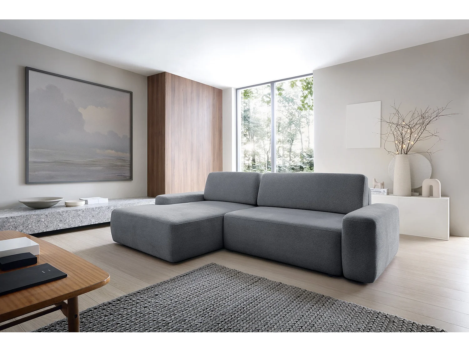 Canapé d'angle Orea M 265 cm convertible - formes arrondies, design moderne, canapé d'angle avec rangement, gauche, gris foncé