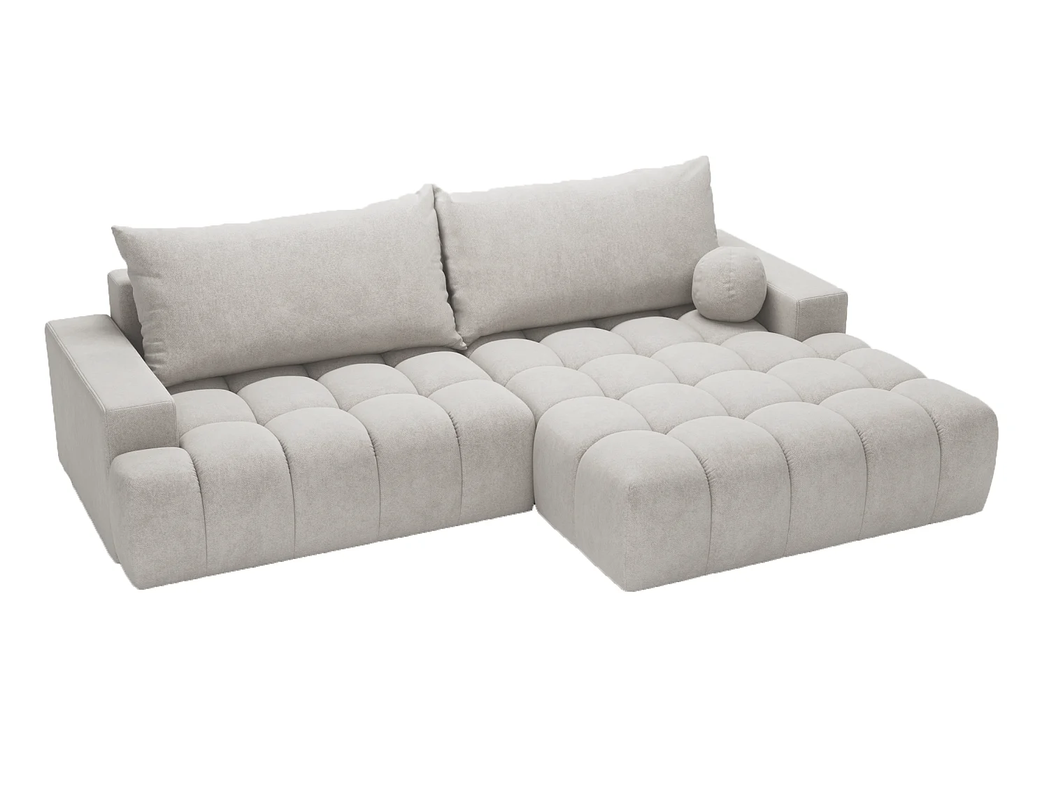 Canapé d'angle convertible Novira 270 cm pour salon, style moderne, coffre de rangement, coussins, droite, gris clair