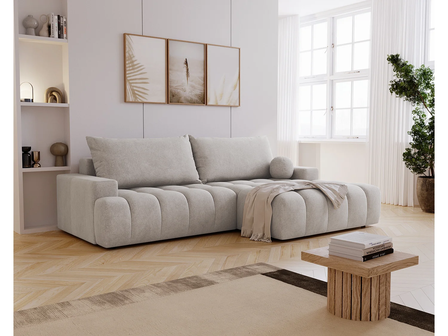 Canapé d'angle convertible Novira 270 cm pour salon, style moderne, coffre de rangement, coussins, droite, gris clair