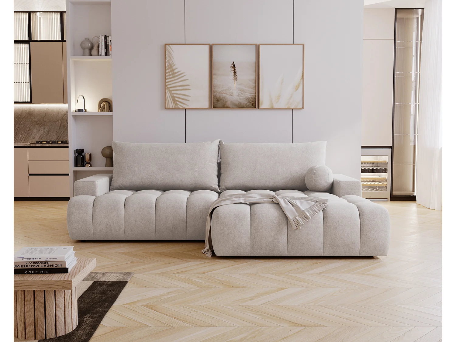 Canapé d'angle convertible Novira 270 cm pour salon, style moderne, coffre de rangement, coussins, droite, gris clair