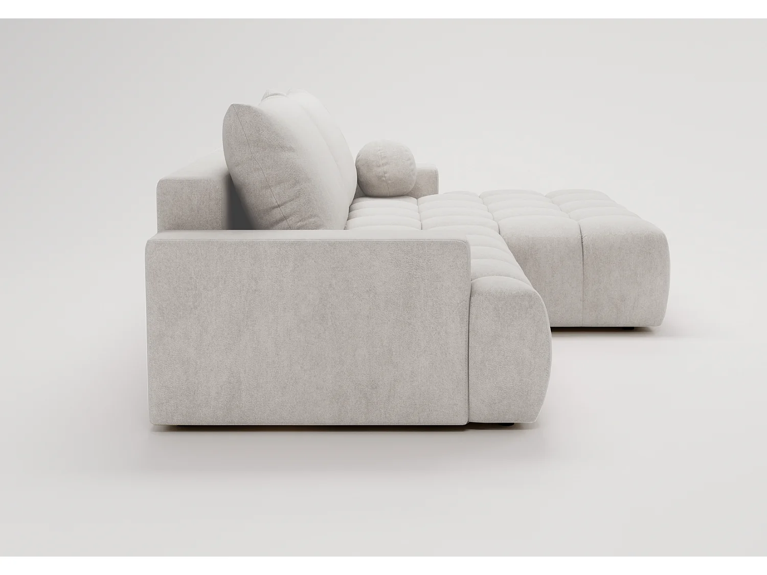 Canapé d'angle convertible Novira 270 cm pour salon, style moderne, coffre de rangement, coussins, droite, gris clair