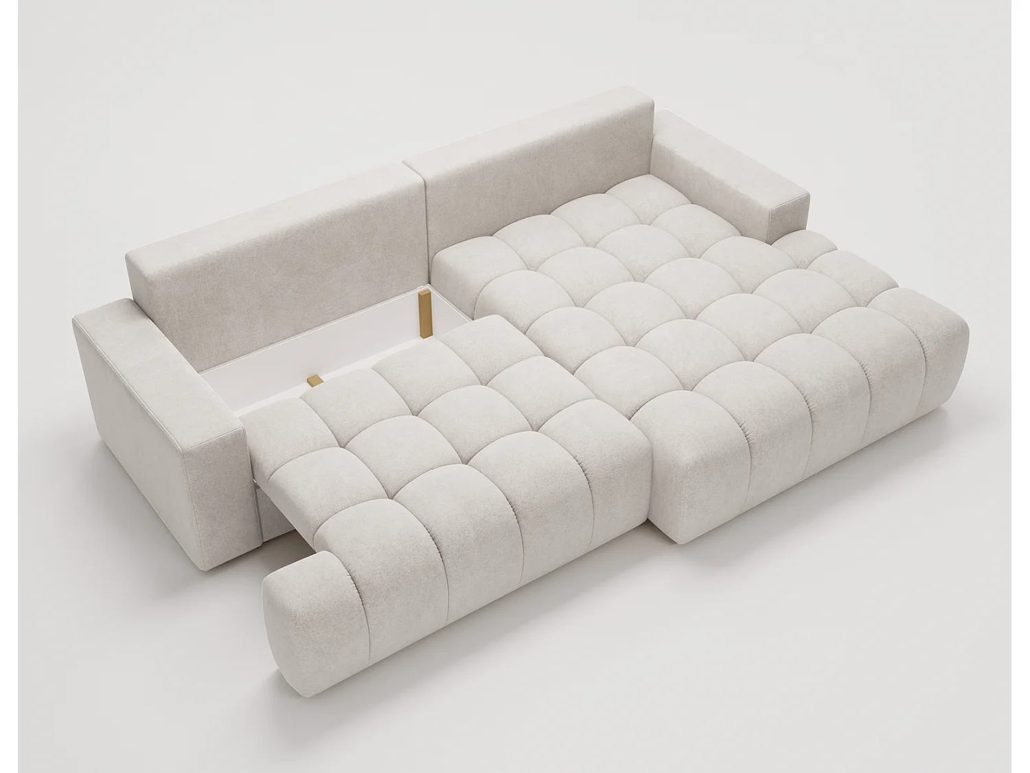 Canapé d'angle convertible Novira 270 cm pour salon, style moderne, coffre de rangement, coussins, droite, gris clair