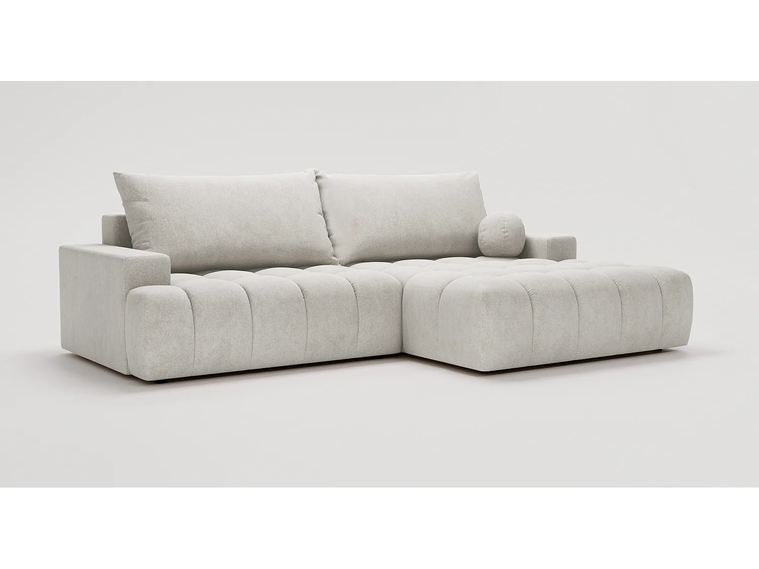 Canapé d'angle convertible Novira 270 cm pour salon, style moderne, coffre de rangement, coussins, droite, gris clair