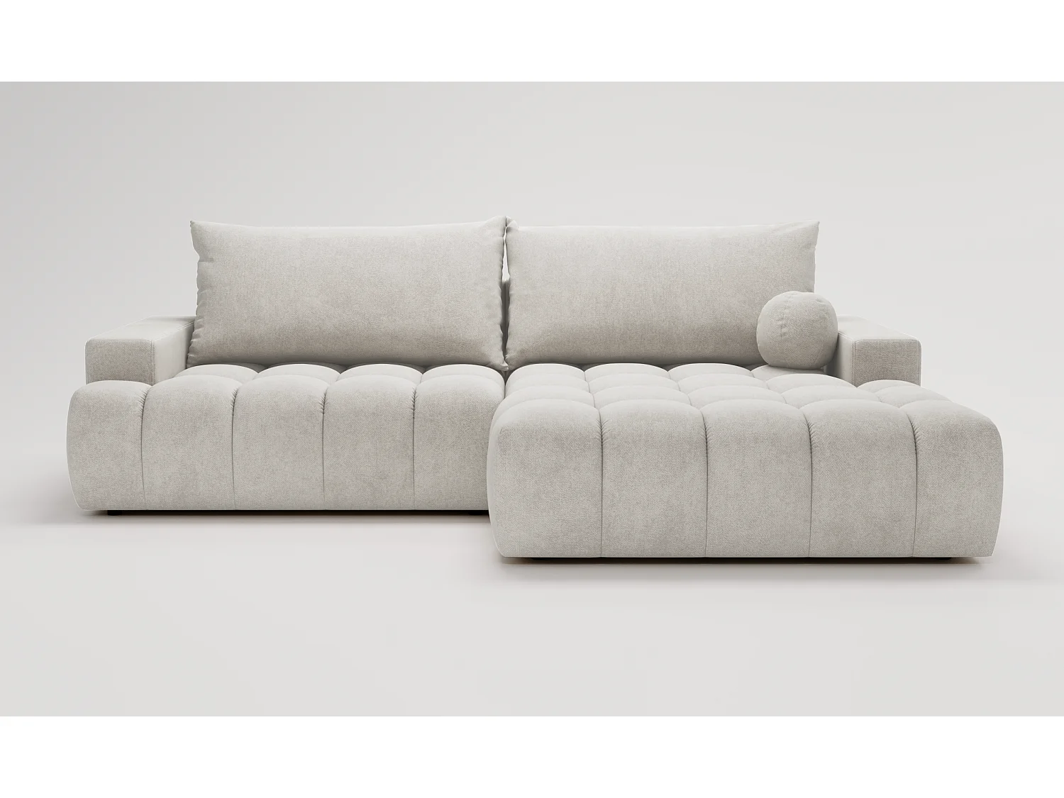 Canapé d'angle convertible Novira 270 cm pour salon, style moderne, coffre de rangement, coussins, droite, gris clair