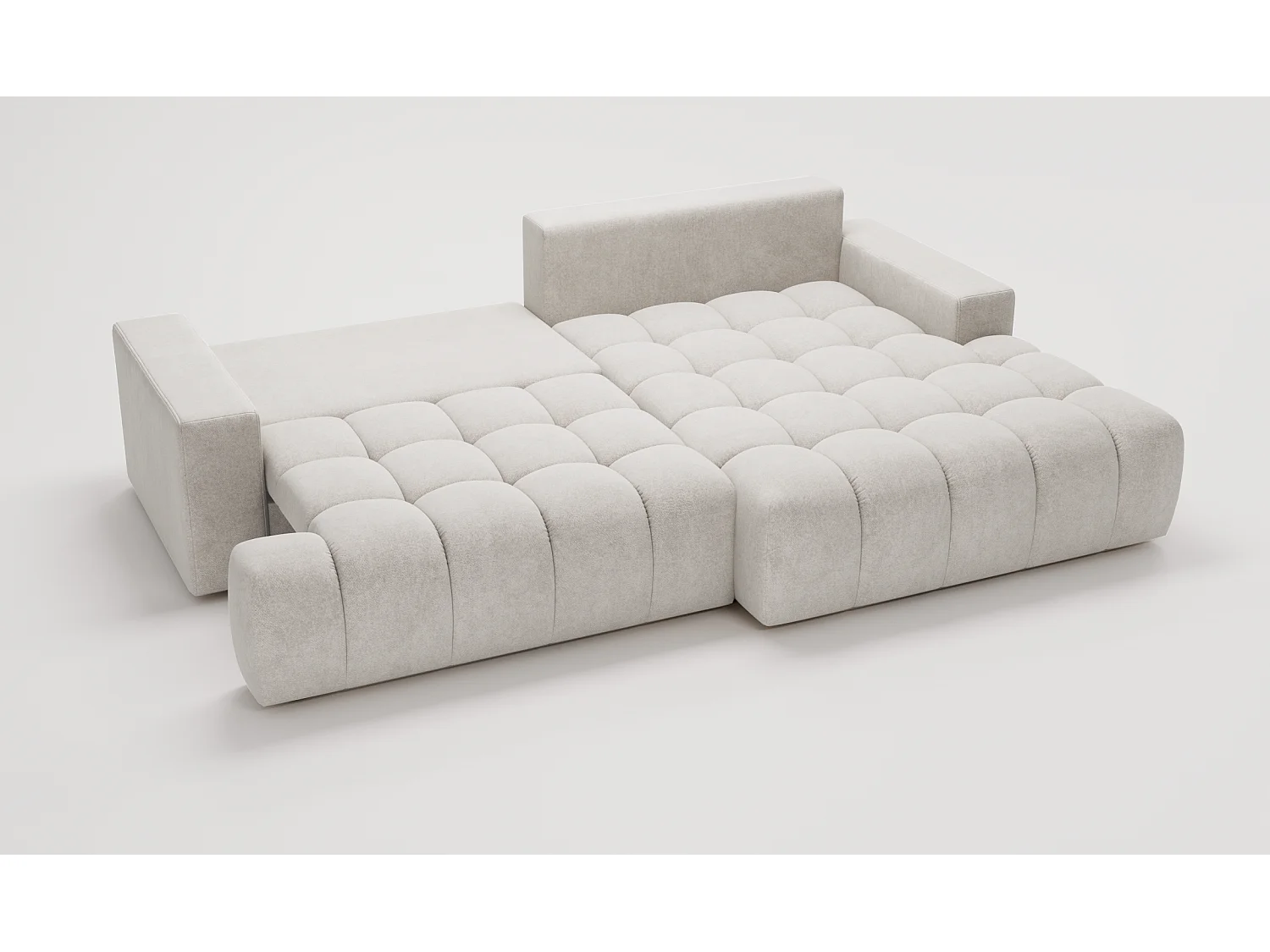 Canapé d'angle convertible Novira 270 cm pour salon, style moderne, coffre de rangement, coussins, droite, gris clair