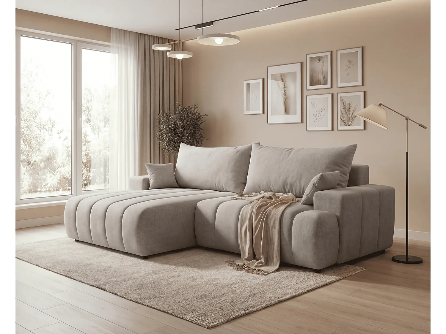 Canapé d'angle Hago 270 cm avec coffre de rangement, canapé convertible moderne, gauche, gris clair
