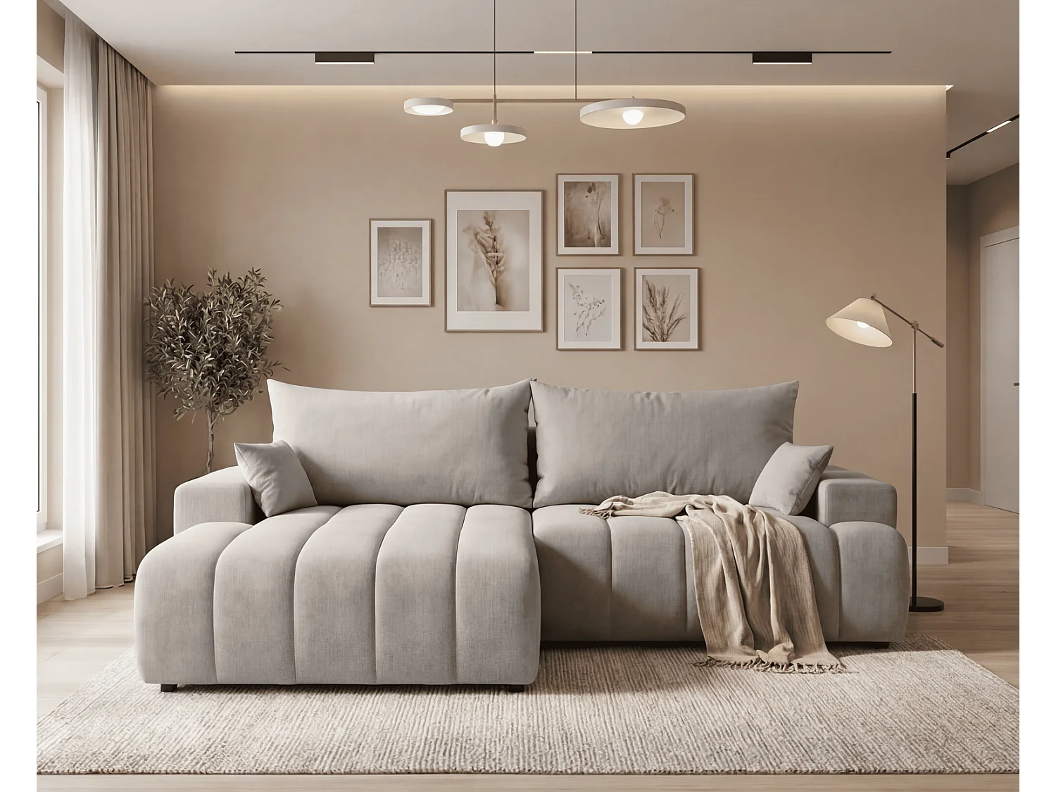 Canapé d'angle Hago 270 cm avec coffre de rangement, canapé convertible moderne, gauche, gris clair