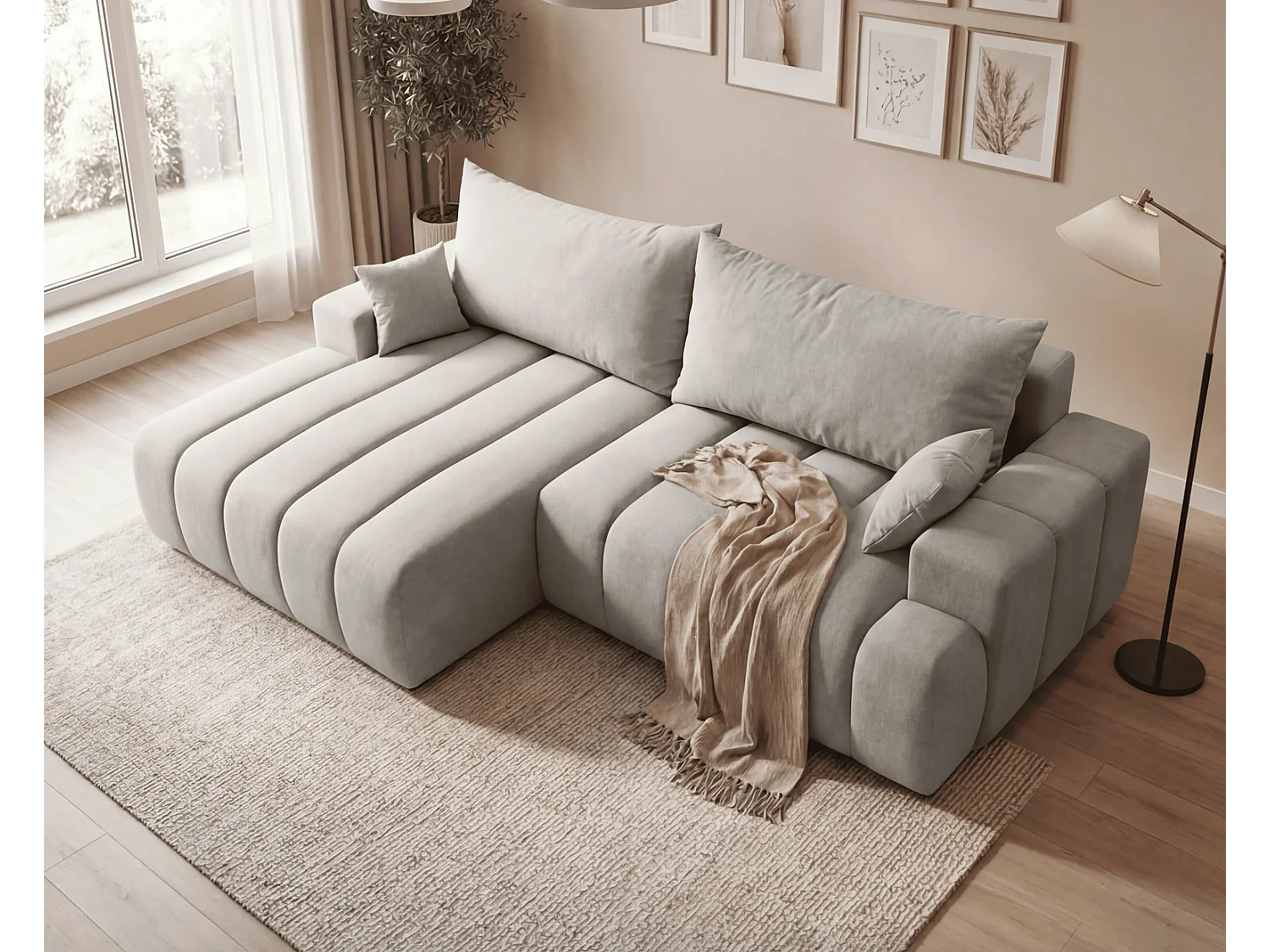 Canapé d'angle Hago 270 cm avec coffre de rangement, canapé convertible moderne, gauche, gris clair
