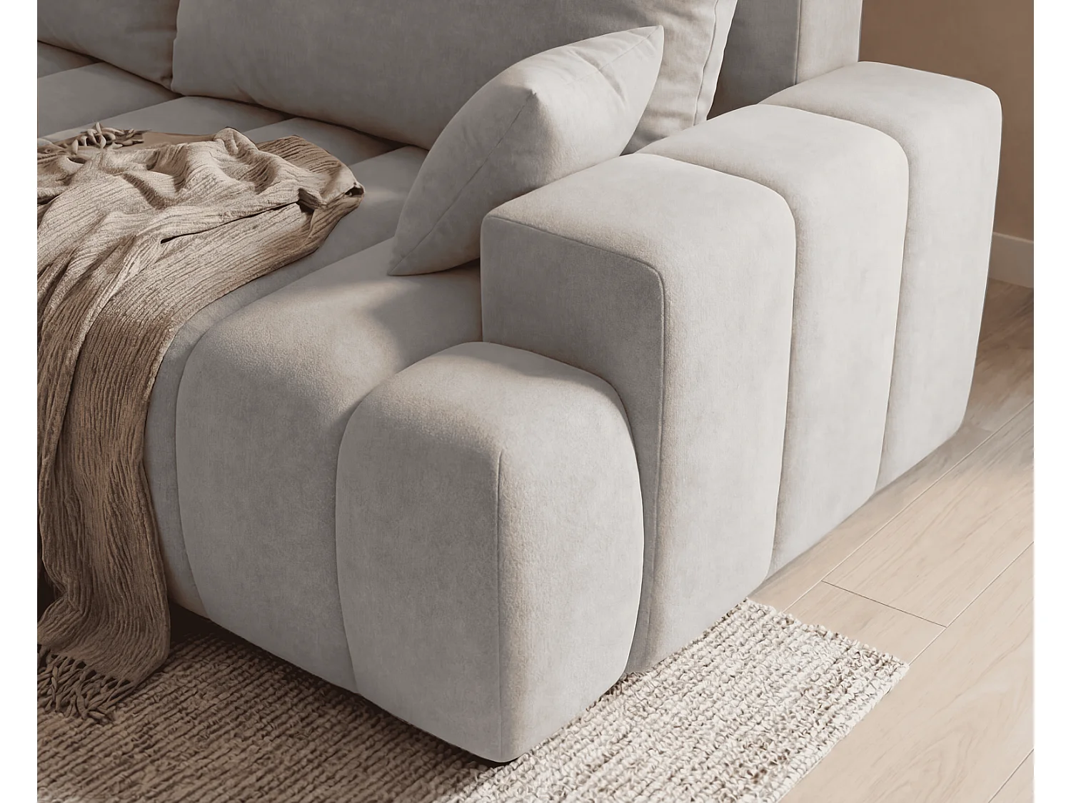 Canapé d'angle Hago 270 cm avec coffre de rangement, canapé convertible moderne, gauche, gris clair