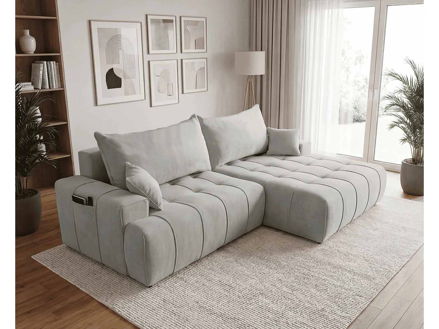Canapé d'angle moderne Arvio 270 cm, convertible avec rangement, canapé design pour salon, droite, gris clair