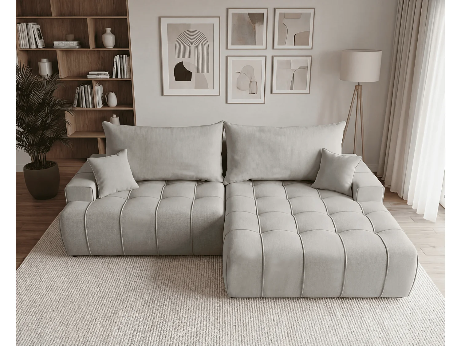 Canapé d'angle moderne Arvio 270 cm, convertible avec rangement, canapé design pour salon, droite, gris clair
