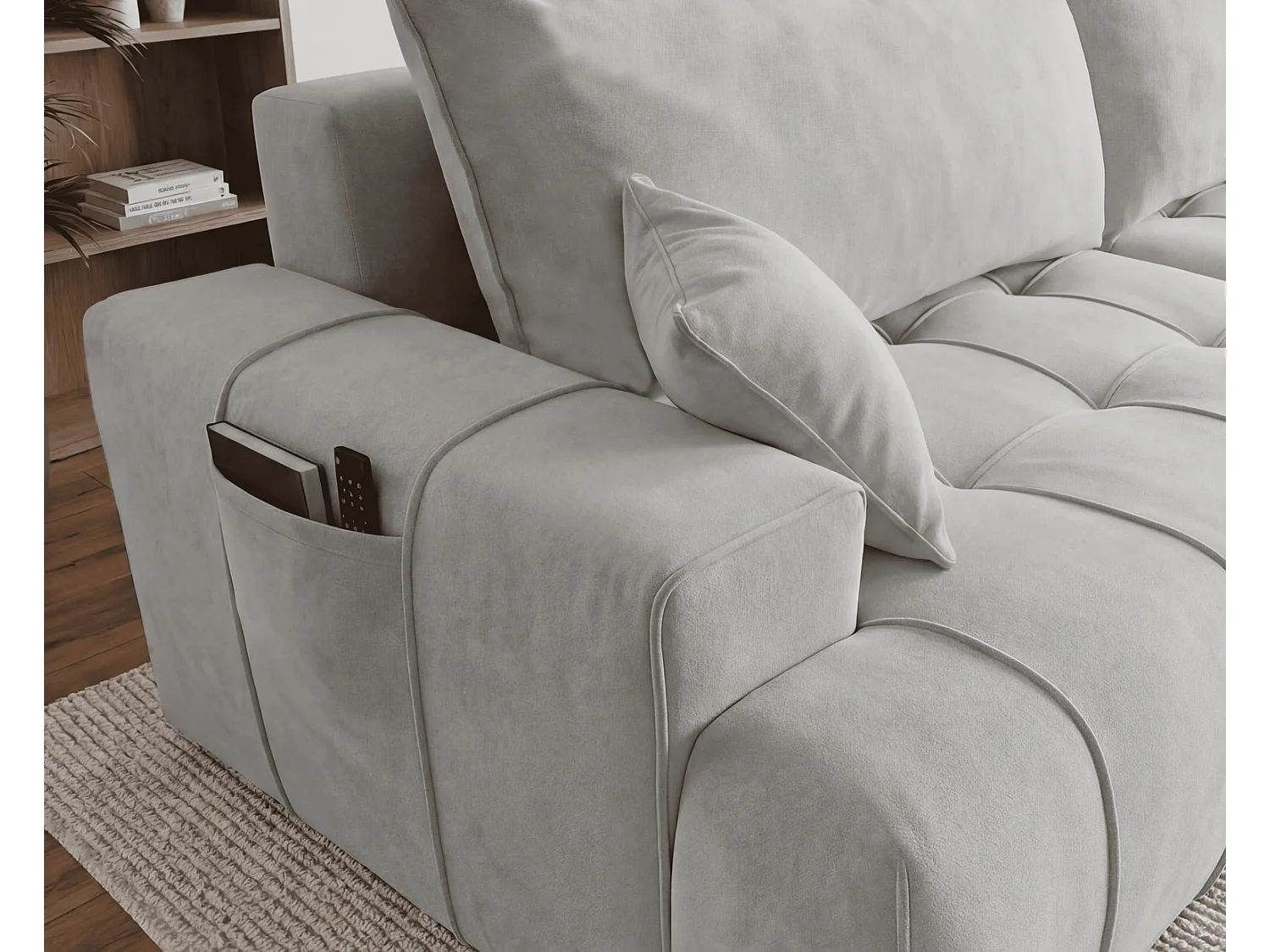 Canapé d'angle moderne Arvio 270 cm, convertible avec rangement, canapé design pour salon, droite, gris clair