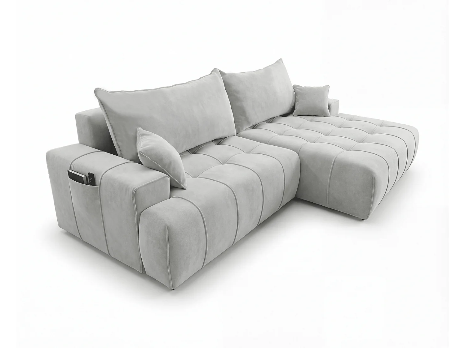 Canapé d'angle moderne Arvio 270 cm, convertible avec rangement, canapé design pour salon, droite, gris clair