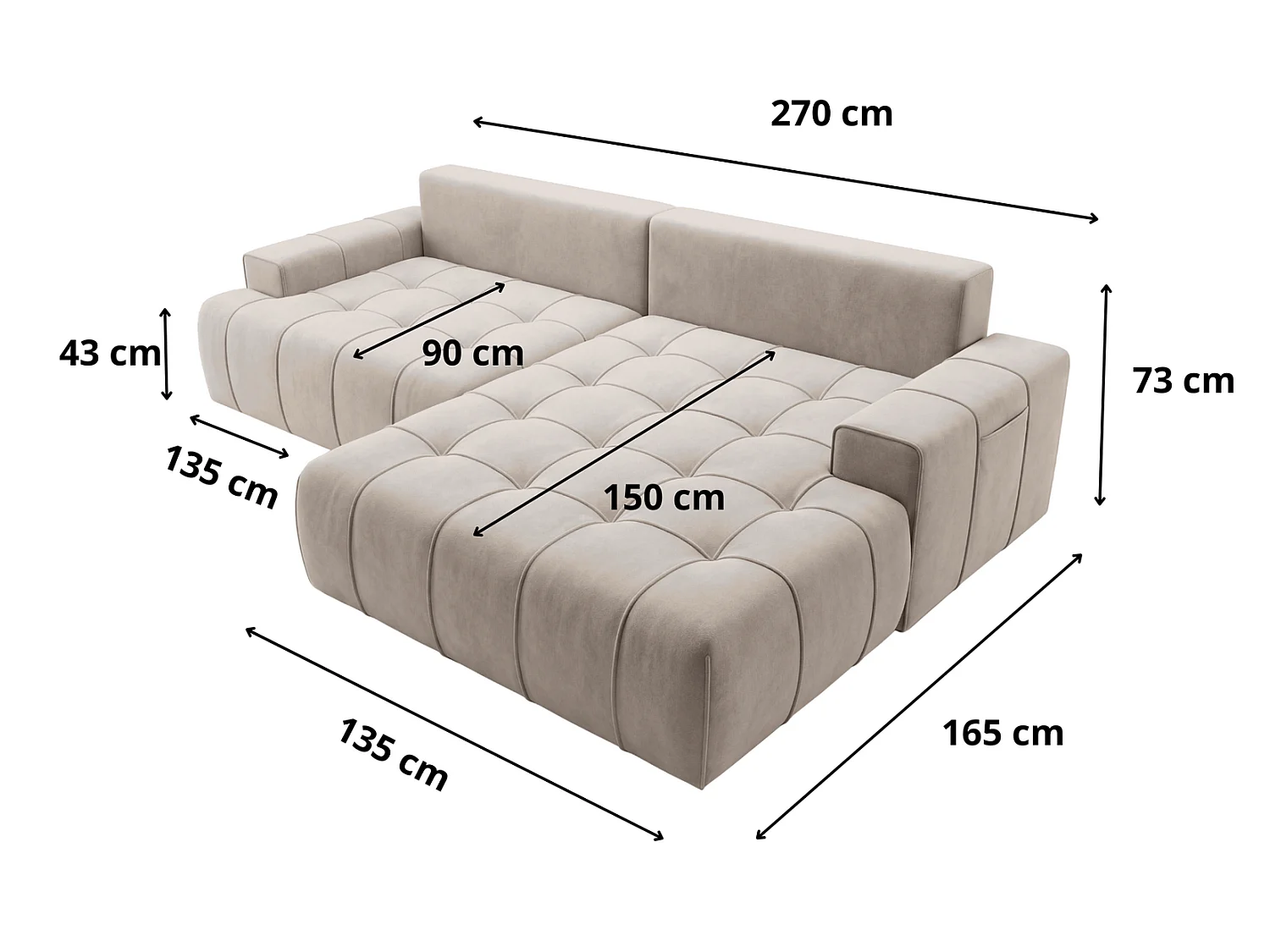 Canapé d'angle moderne Arvio 270 cm, convertible avec rangement, canapé design pour salon, droite, gris clair