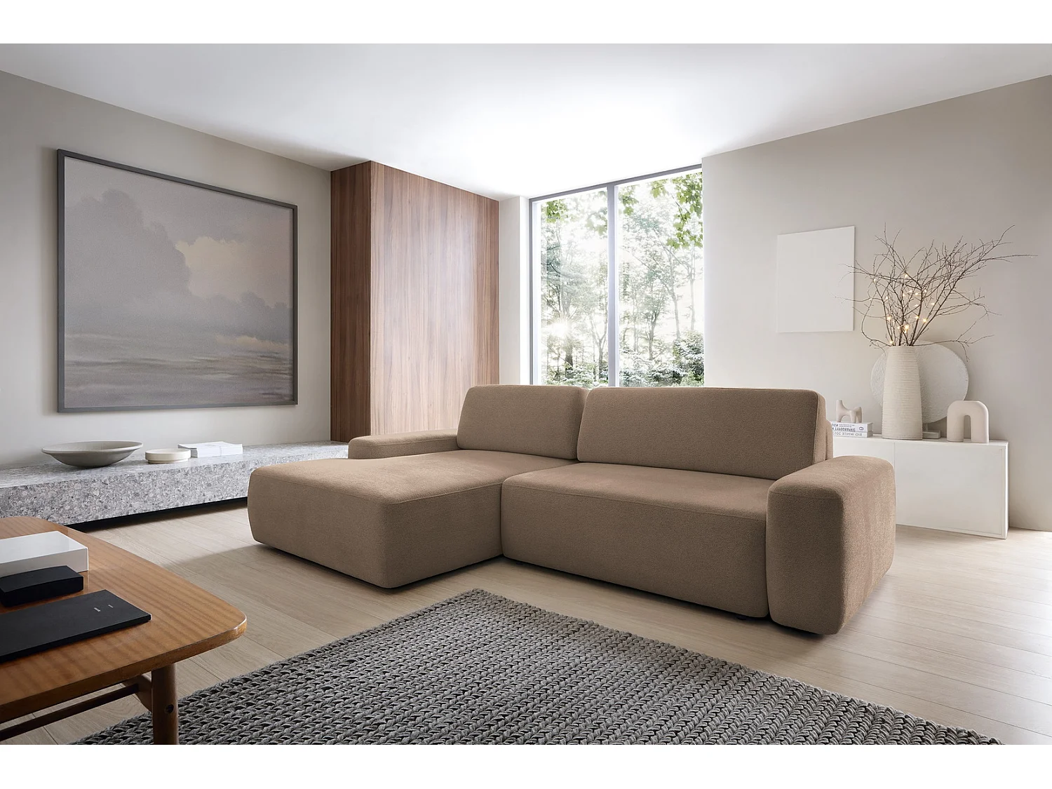 Canapé d'angle Orea M 265 cm convertible - formes arrondies, design moderne, canapé d'angle avec rangement, gauche, brun