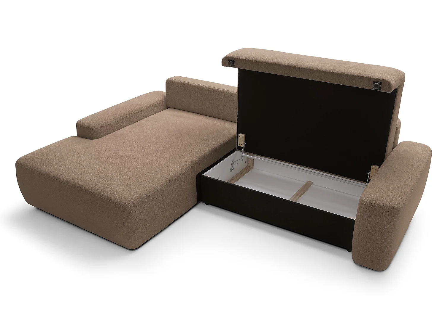 Canapé d'angle Orea M 265 cm convertible - formes arrondies, design moderne, canapé d'angle avec rangement, gauche, brun