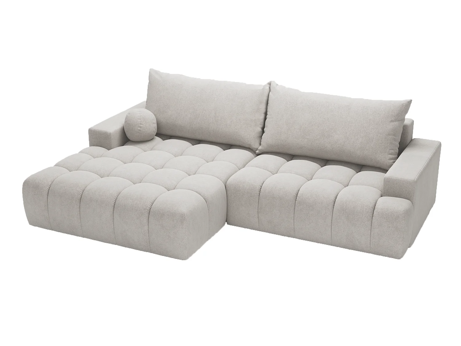 Canapé d'angle convertible Novira 270 cm pour salon, style moderne, coffre de rangement, coussins, gauche, gris clair