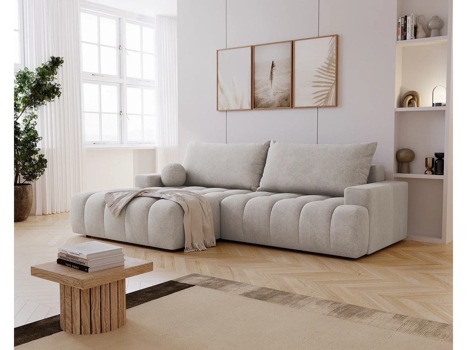 Canapé d'angle convertible Novira 270 cm pour salon, style moderne, coffre de rangement, coussins, gauche, gris clair