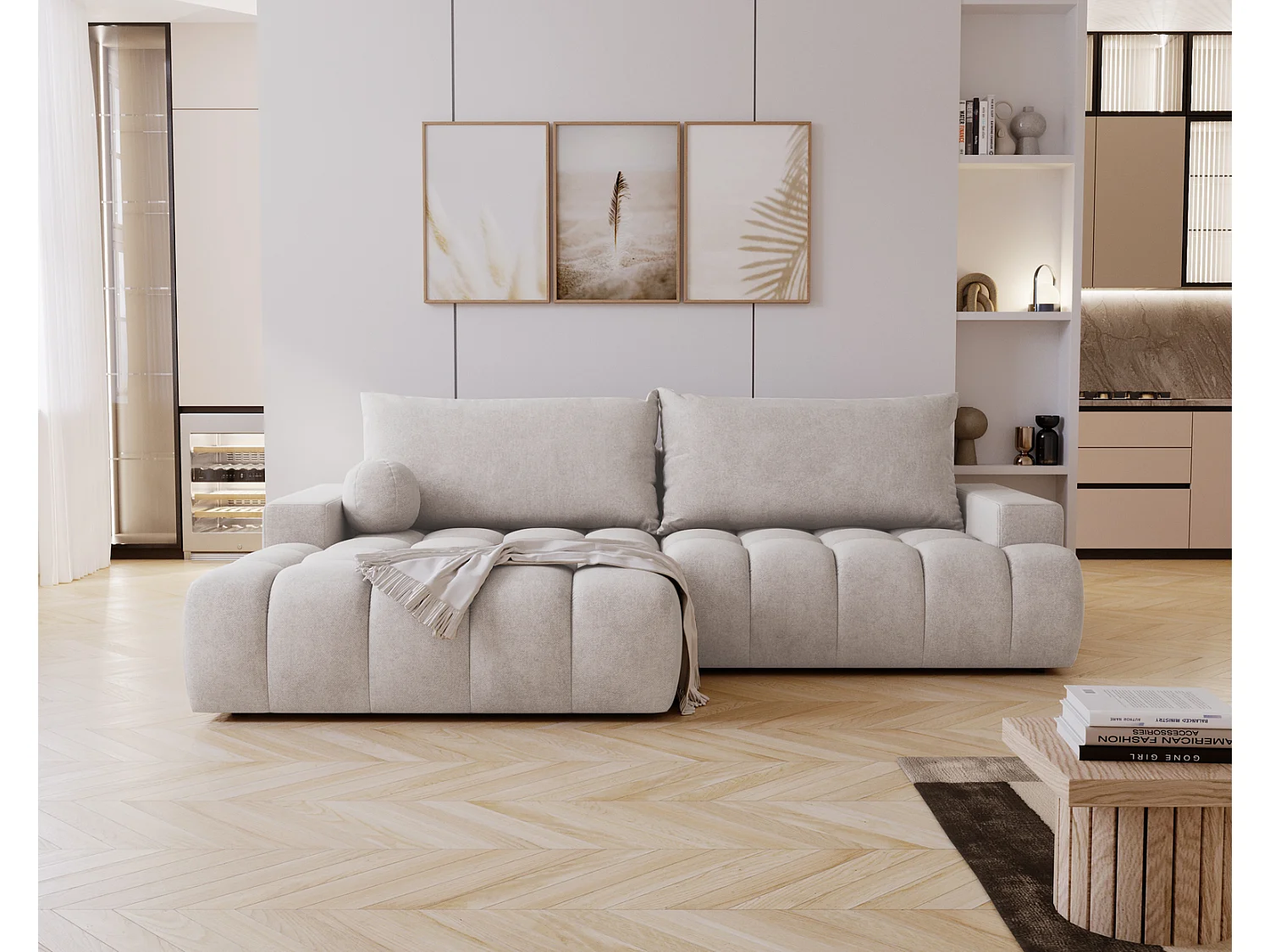 Canapé d'angle convertible Novira 270 cm pour salon, style moderne, coffre de rangement, coussins, gauche, gris clair