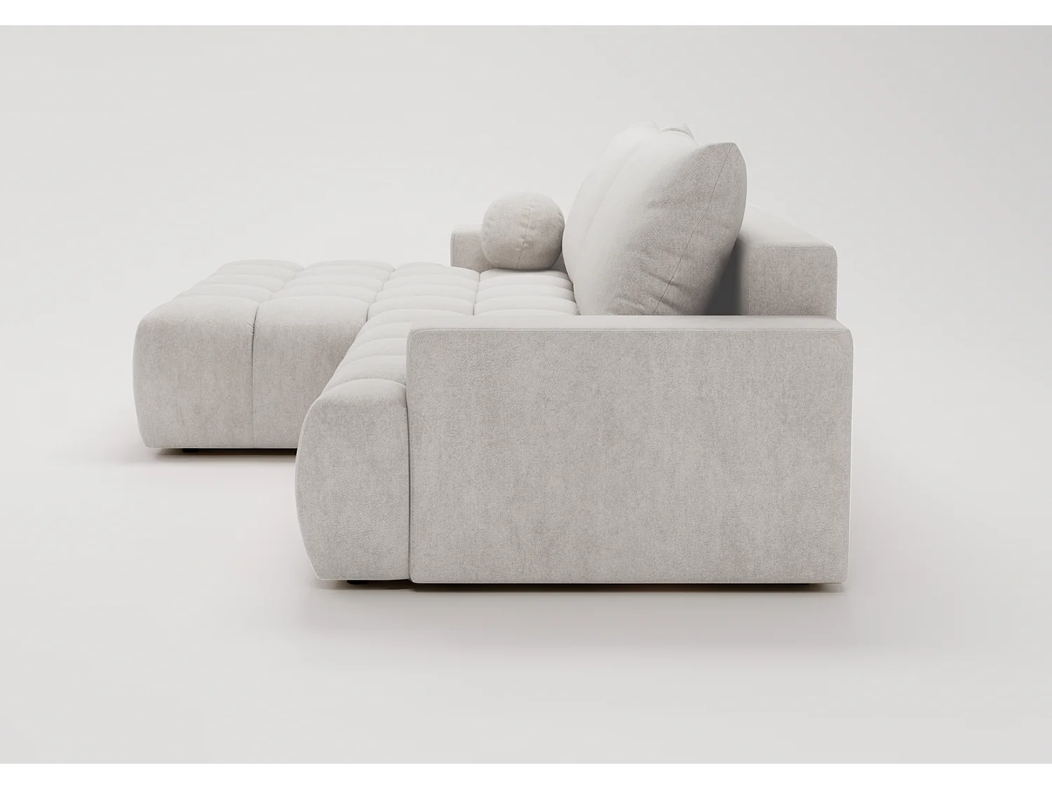 Canapé d'angle convertible Novira 270 cm pour salon, style moderne, coffre de rangement, coussins, gauche, gris clair