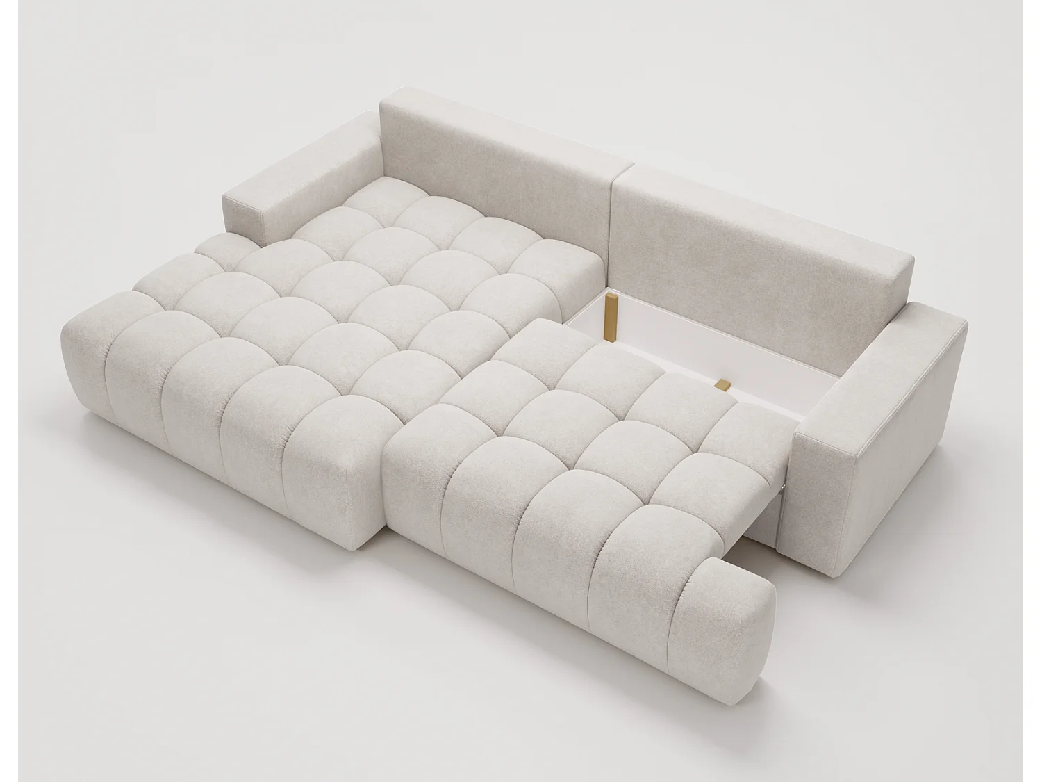 Canapé d'angle convertible Novira 270 cm pour salon, style moderne, coffre de rangement, coussins, gauche, gris clair
