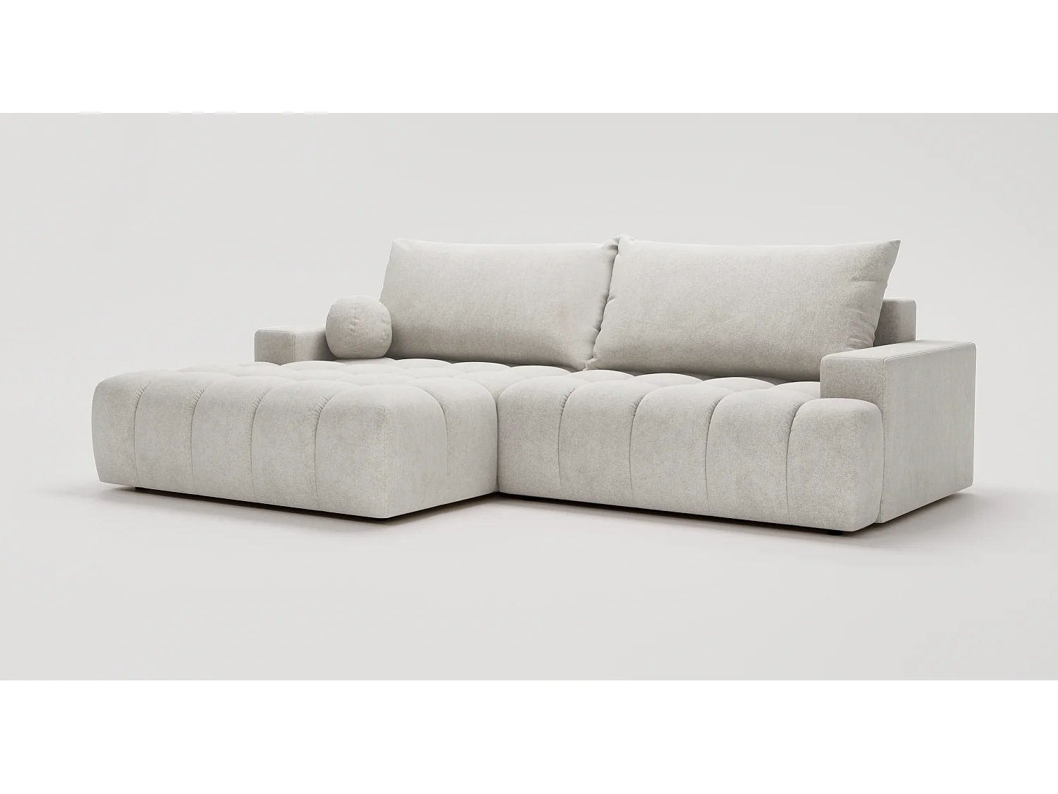 Canapé d'angle convertible Novira 270 cm pour salon, style moderne, coffre de rangement, coussins, gauche, gris clair
